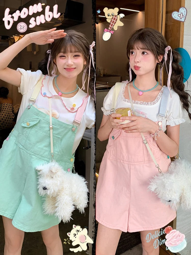 Denim Overall Shorts Grün Candy Farbe Pink/Mint