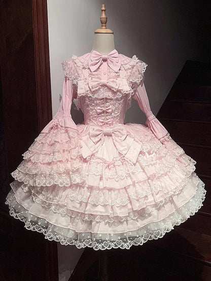 Blouse Decoration Pink Bow Bell-Sleeve with Lace Lolita