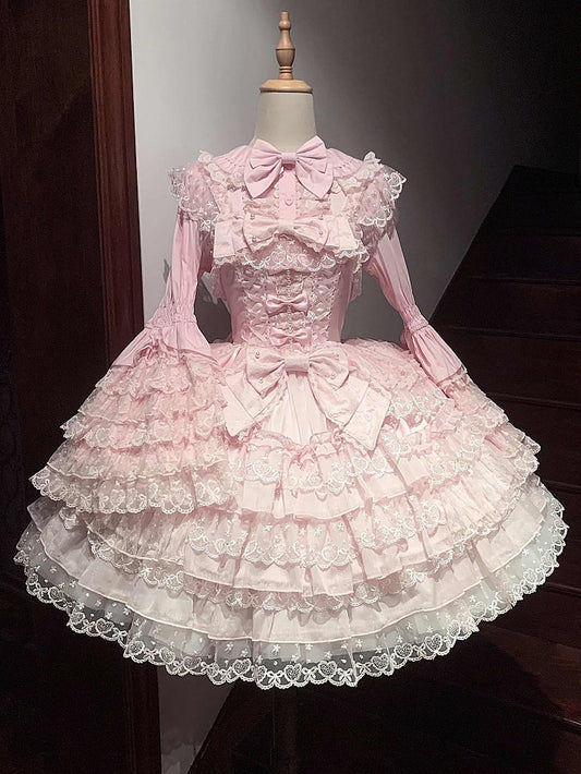 Blouse Decoration Pink Bow Bell-Sleeve with Lace Lolita
