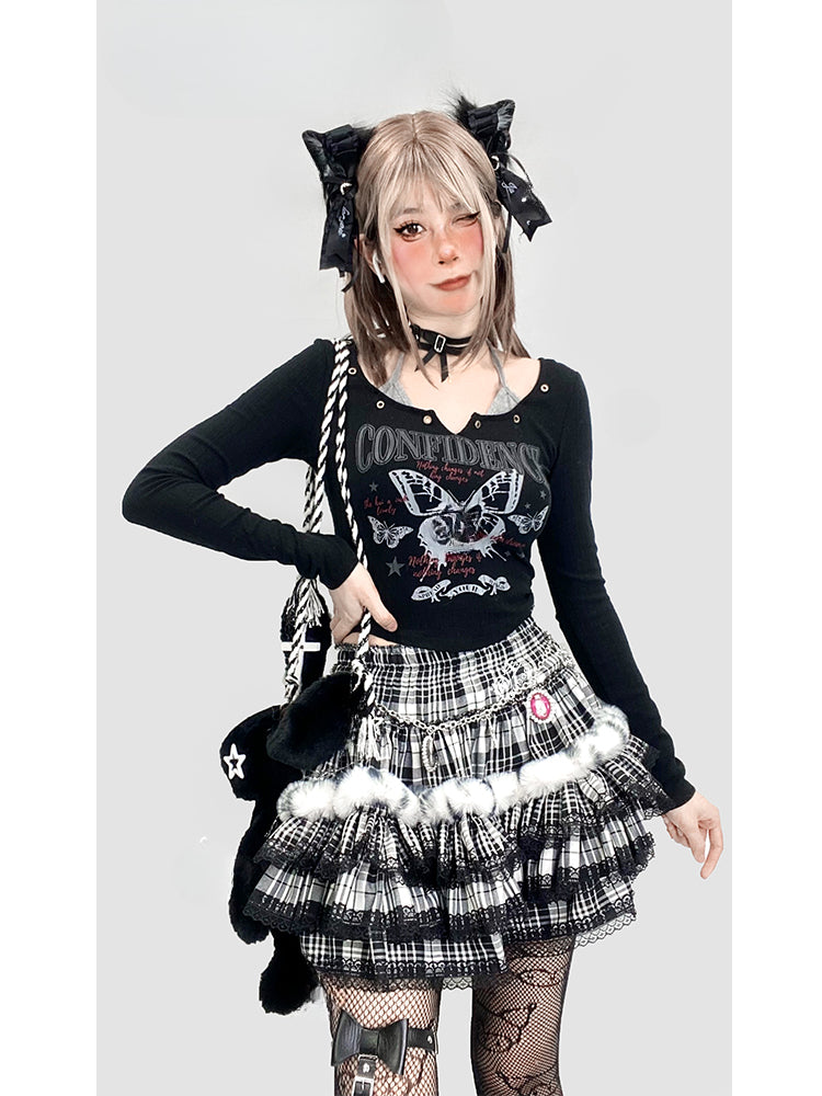 ブラックチェック柄レーストリムティアードスカート