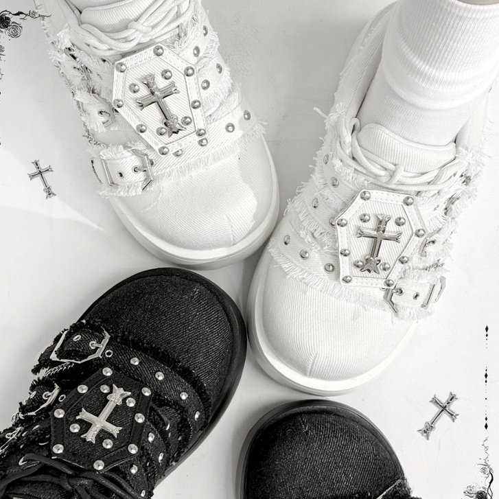Chunky Heels Punk 7cm Sneakers Platform Cross Gothic White Chain with