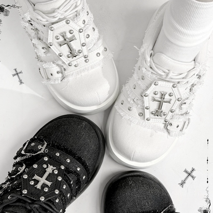 Chunky Heels Punk 7cm Sneakers Platform Cross Gothic White Chain with