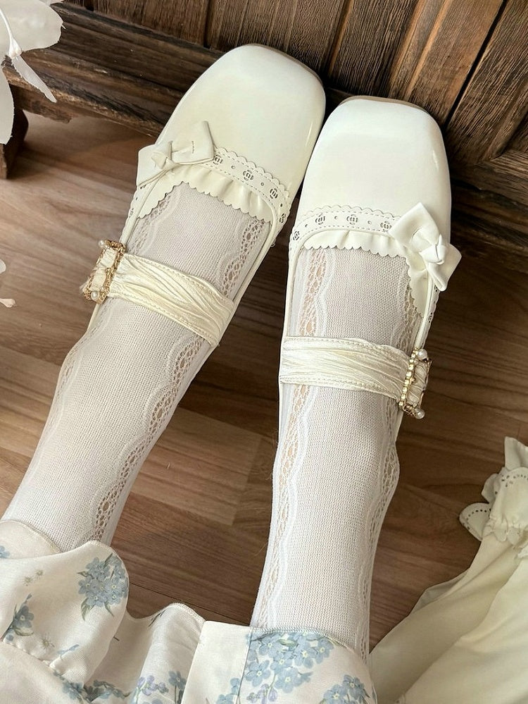 Mary Straps - White Janes Low/Mid Cutouts Elegant Lolita Pleated with Heel PU Floral