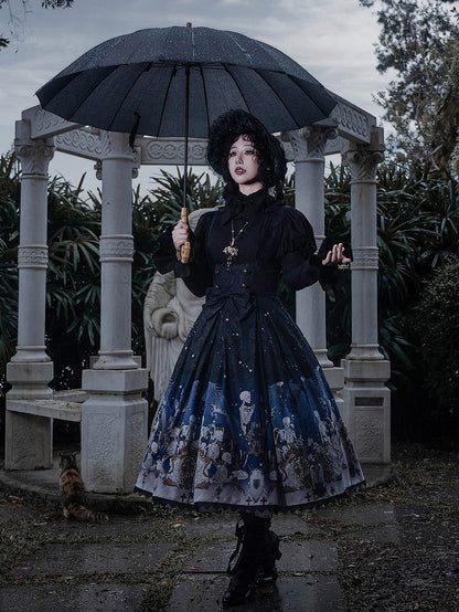 Blue Gothic Lolita and Under with Cross Bust Dress Black Lace Print Trim Skeleton