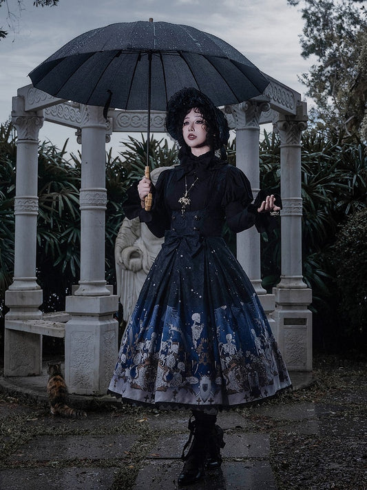 Blue Gothic Lolita and Under with Cross Bust Dress Black Lace Print Trim Skeleton