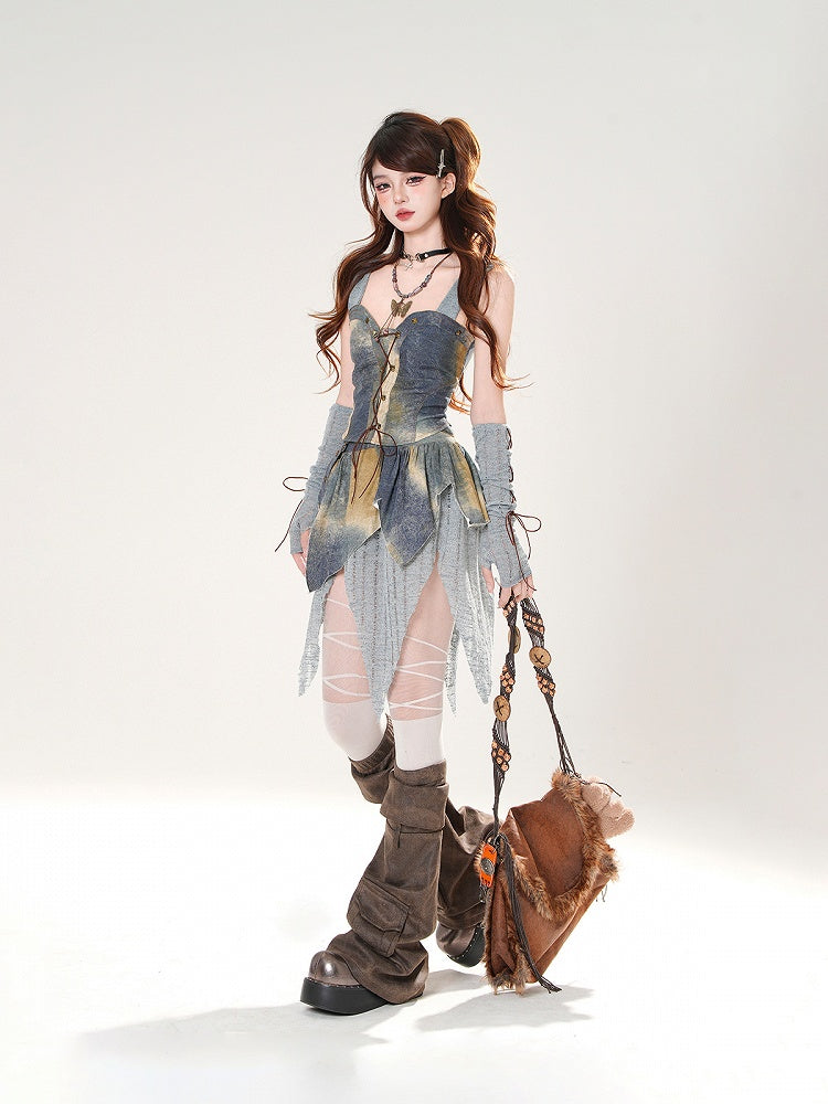 3点セット ブルー 油絵ピース レースアップフロント フード付きトップ +