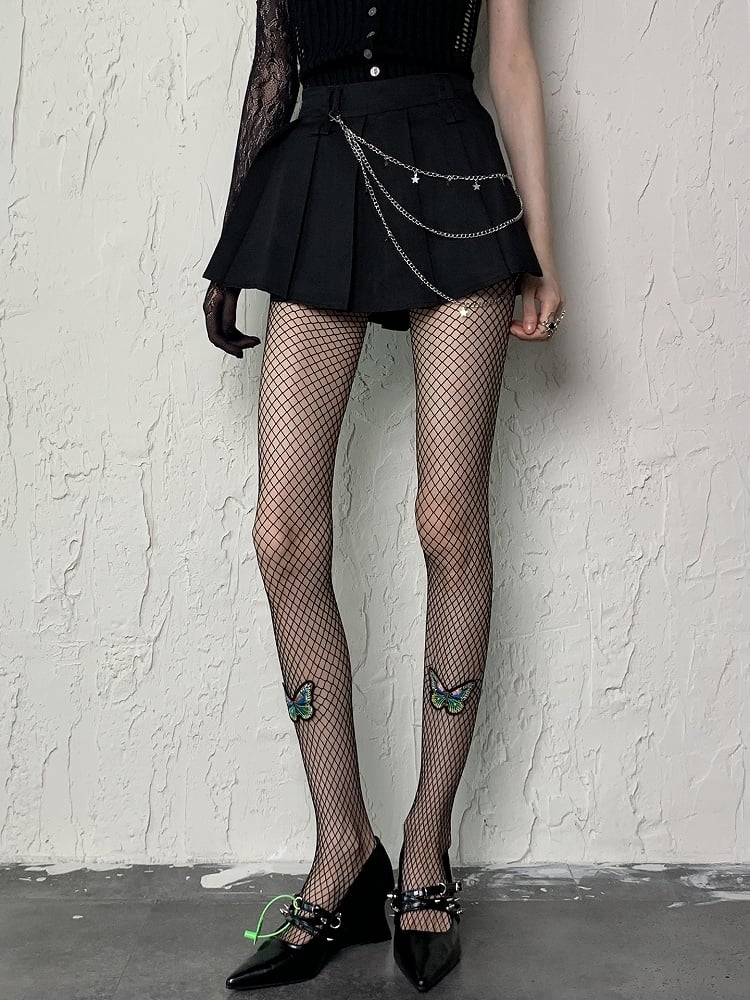 Appliques Tights Fishnet Y2K Black Butterfly With Design Cut-out