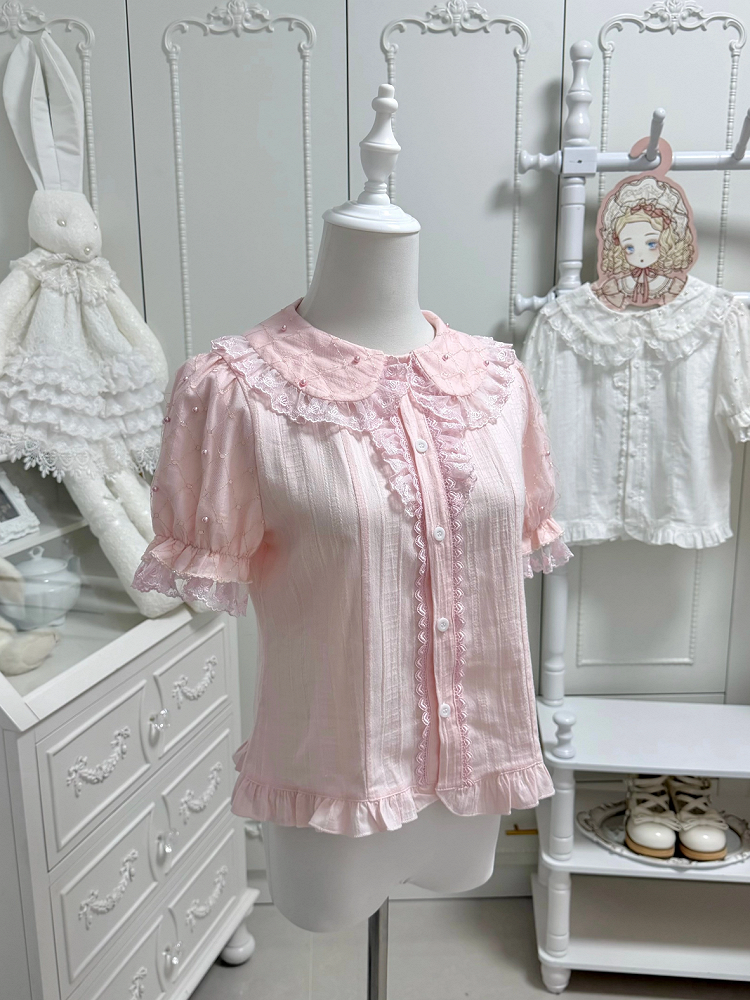 Pink Short Sleeve Lolita Cotton Blouse with Lace Bead Details - Jelly Girl