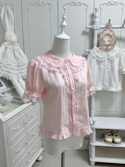 Pink Short Sleeve Lolita Cotton Blouse with Lace Bead Details - Jelly Girl