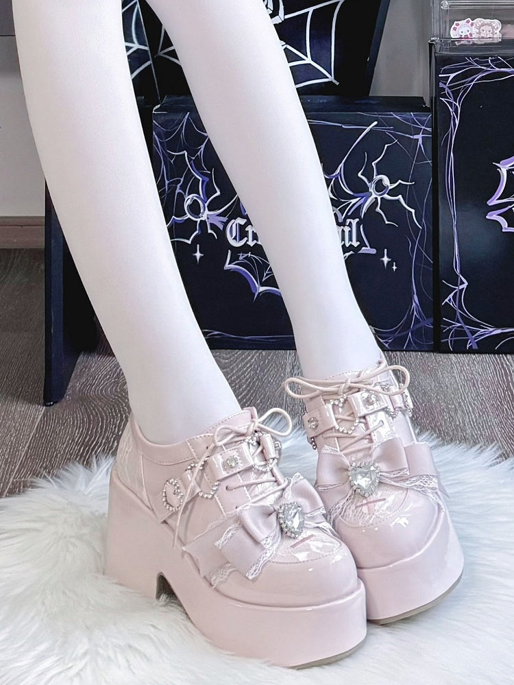 Kei Heels Janes Embroidery Rhinestone Toe Jirai - PU Cross Bow with Pink Mary Heart Platform