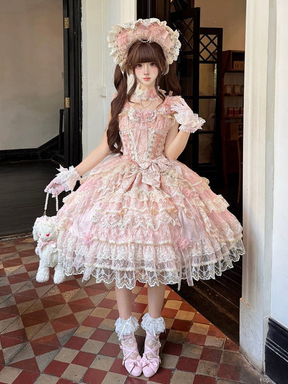 Pink Layered JSK Dress with Floral Bow Accents - Pear Island Sweet Tea