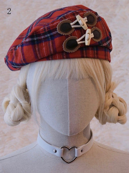 Decorated Pattern Plaid Botton Red Hat Beret