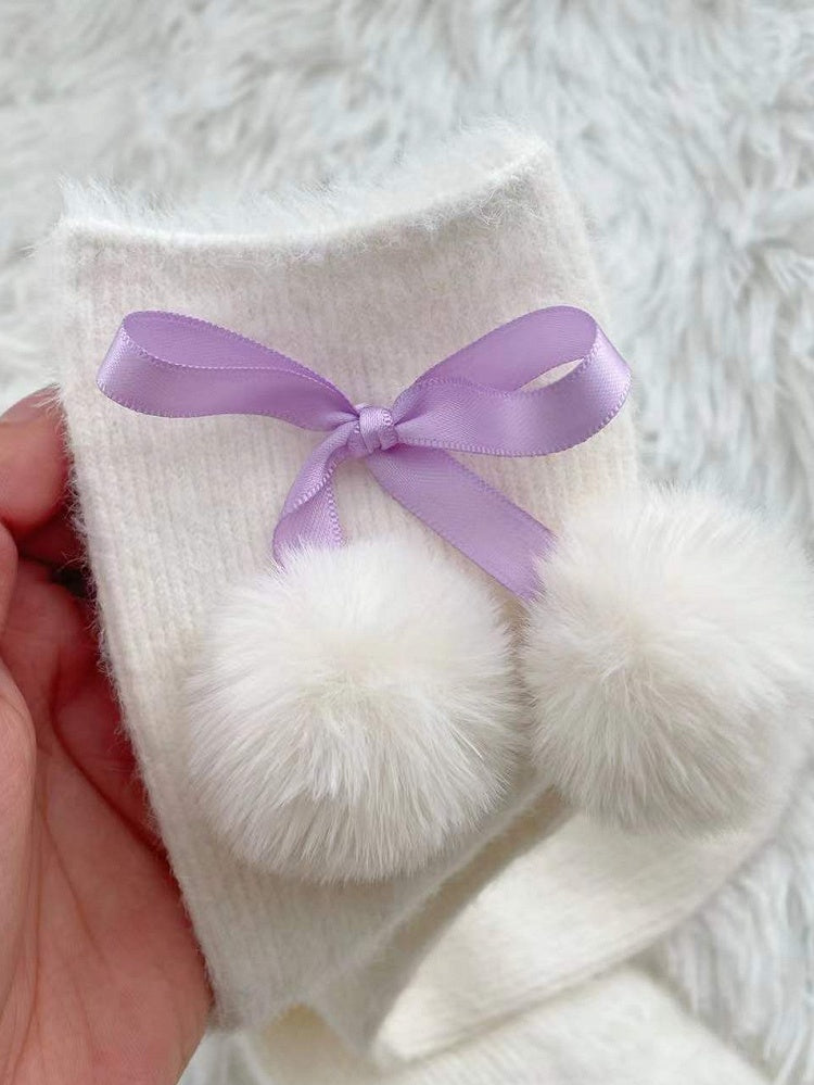 かわいいリボンポンポン付きロリータカーフ/アンクルソックス