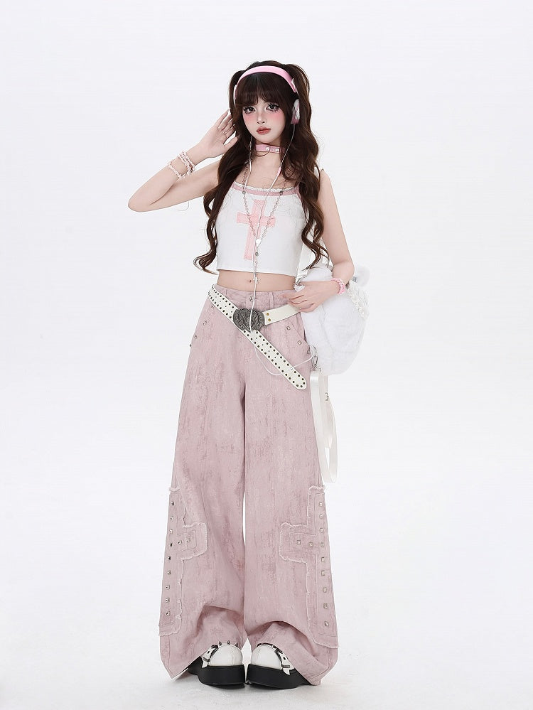 Studded Cross Appliques Wide-Leg Jeans Waist Light Pink Low