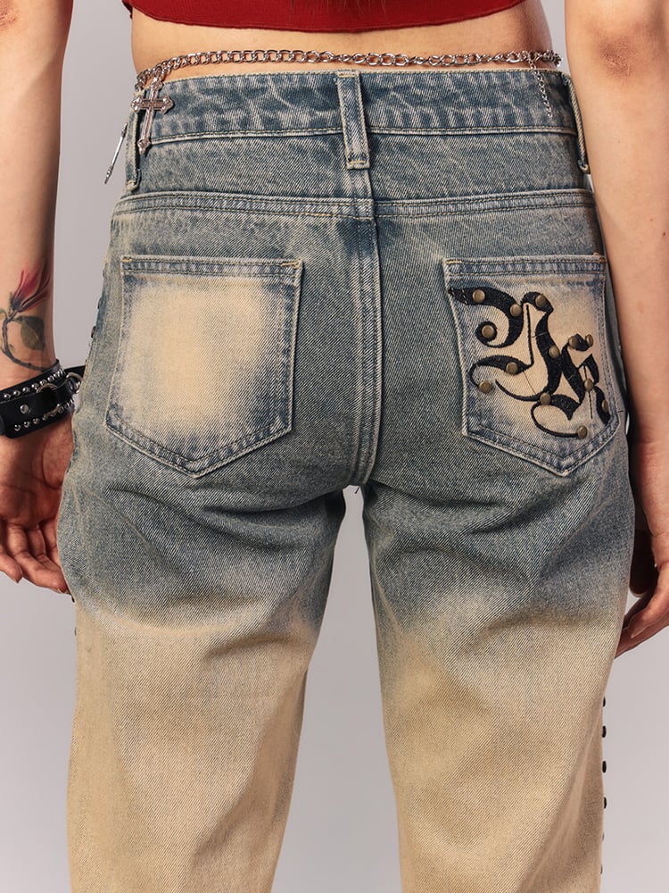Full Distressed Vintage Pockets Low-Rise Mud Embroidered Jeans Seam with Blue Rivet Punk