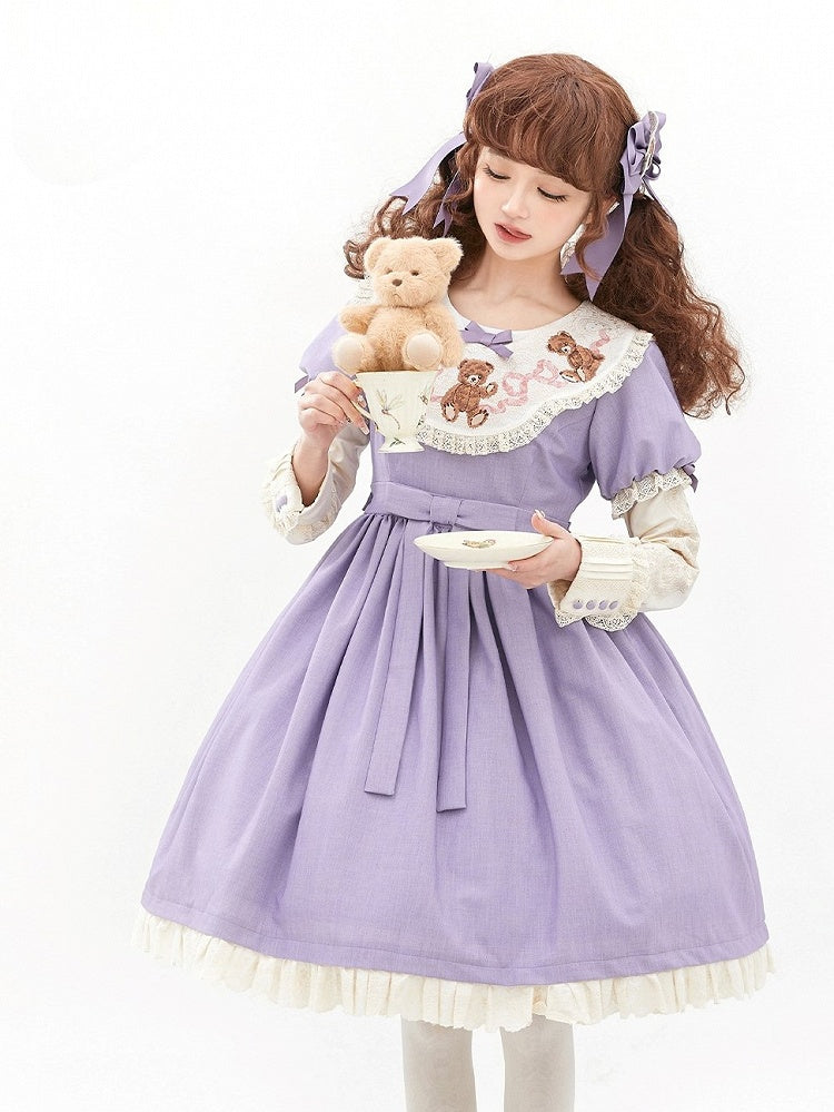 Sweet Lolita Lace Neckline Teddy Purple Sleeves Bear Embroidered Puff Trim Dresswith