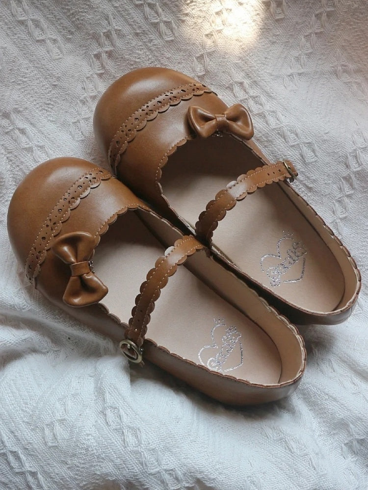 Round Janes Toe Hem Light Scalloped Mary Flat - Brown