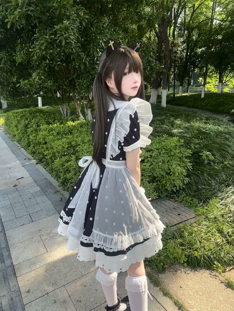 Lace 	Peter Trim Collar Bow Dot Polka Pink with Black Dress Heart Pan Cut-Out