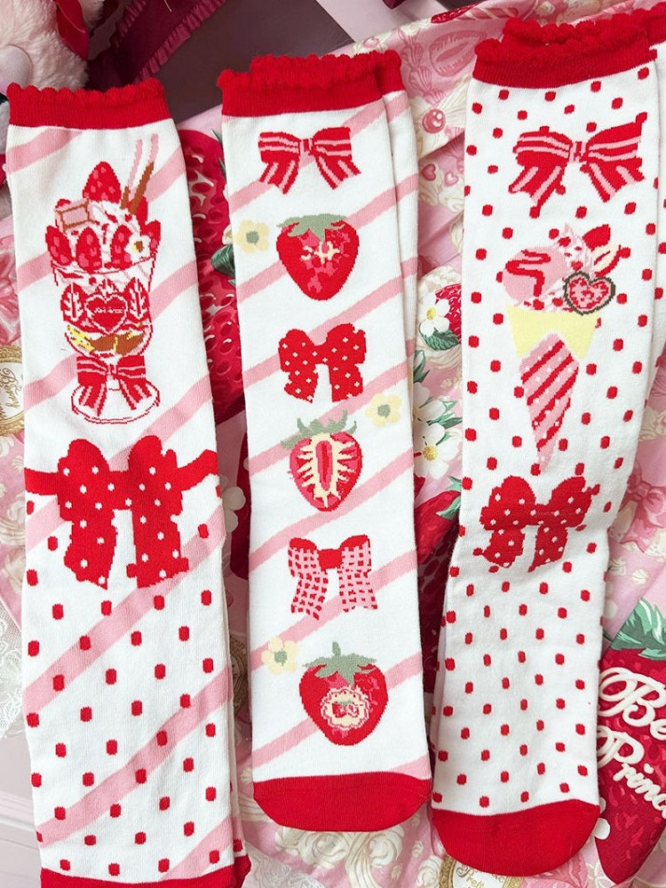 Cremefarbene Bündchensocken mit Muster, gepunktet, gerüscht, Kalbsleder, Lolita, Eis, Erdbeere