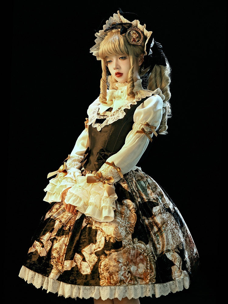 Lace-Trimmed Baroque Classic Black Set Top+Skirt Lolita Elegant