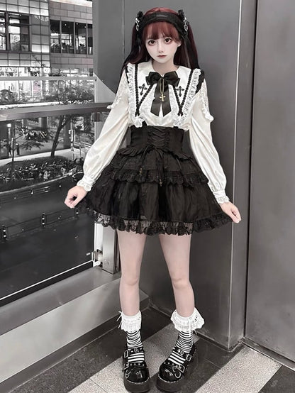 Jirai Kei – Schwarzes Tüllrock-Overallkleid mit Schnürung und hoher Taille, Landmine