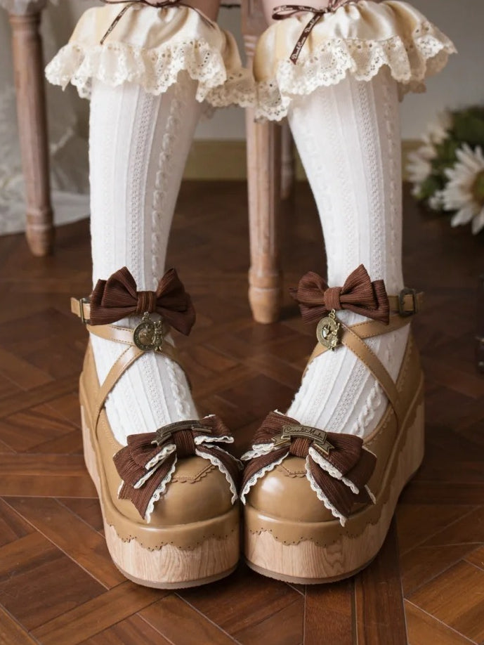 Light PU Round Clock Charm Brown - Shoes Toe Accents Platform Bow