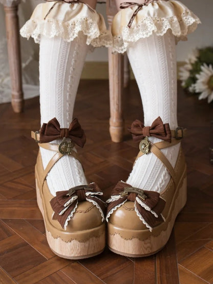 Light PU Round Clock Charm Brown - Shoes Toe Accents Platform Bow