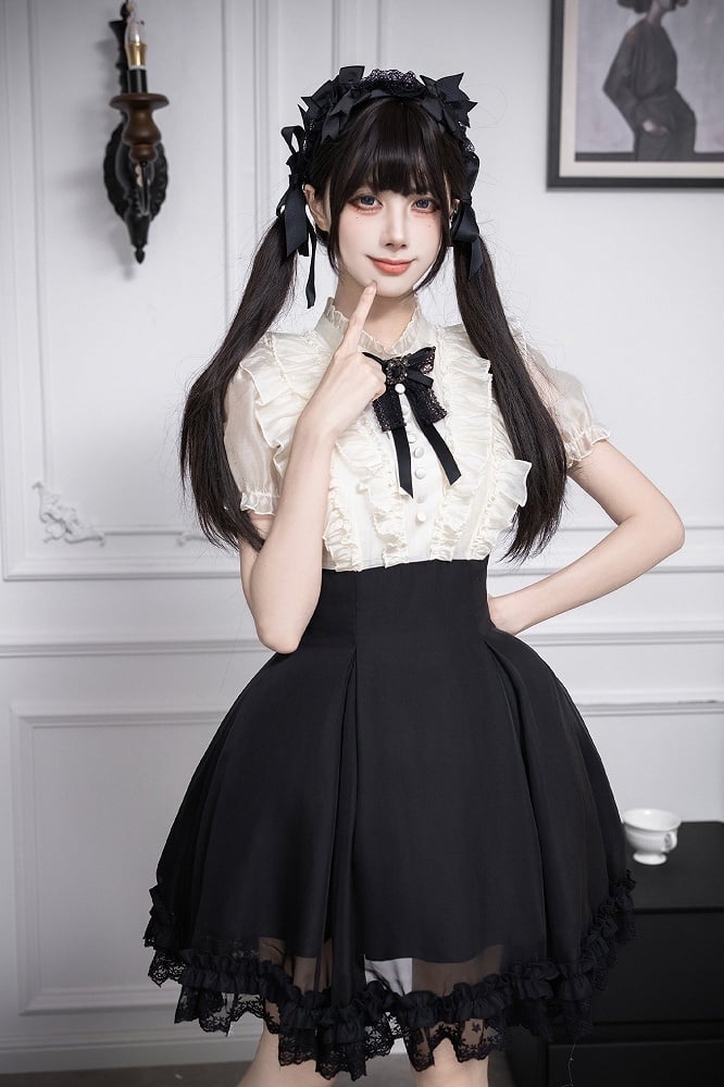 Beige Ruffled Blouse & Black Short Skirt Fake Two Pieces Lolita Dress - With PUJI