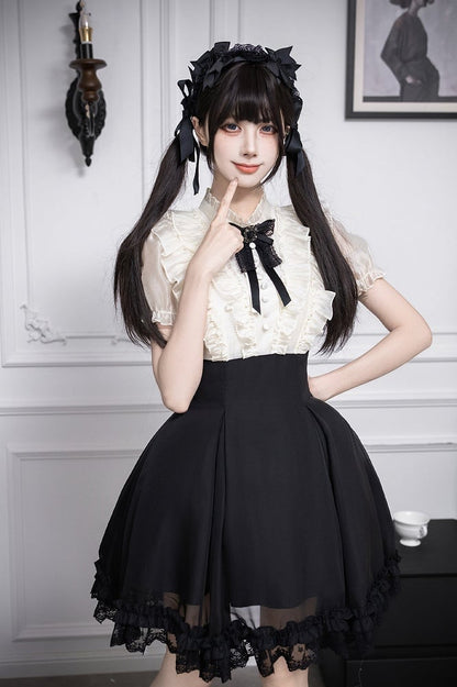 Beige Ruffled Blouse & Black Short Skirt Fake Two Pieces Lolita Dress - With PUJI