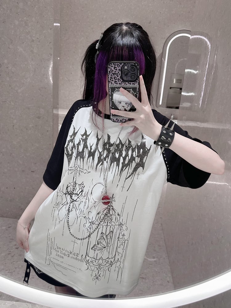 White & Black Jirai-Kei Raglan Short Sleeve Tee with Hot-Fix Rhinestone & Graphic Accents - Puzzles