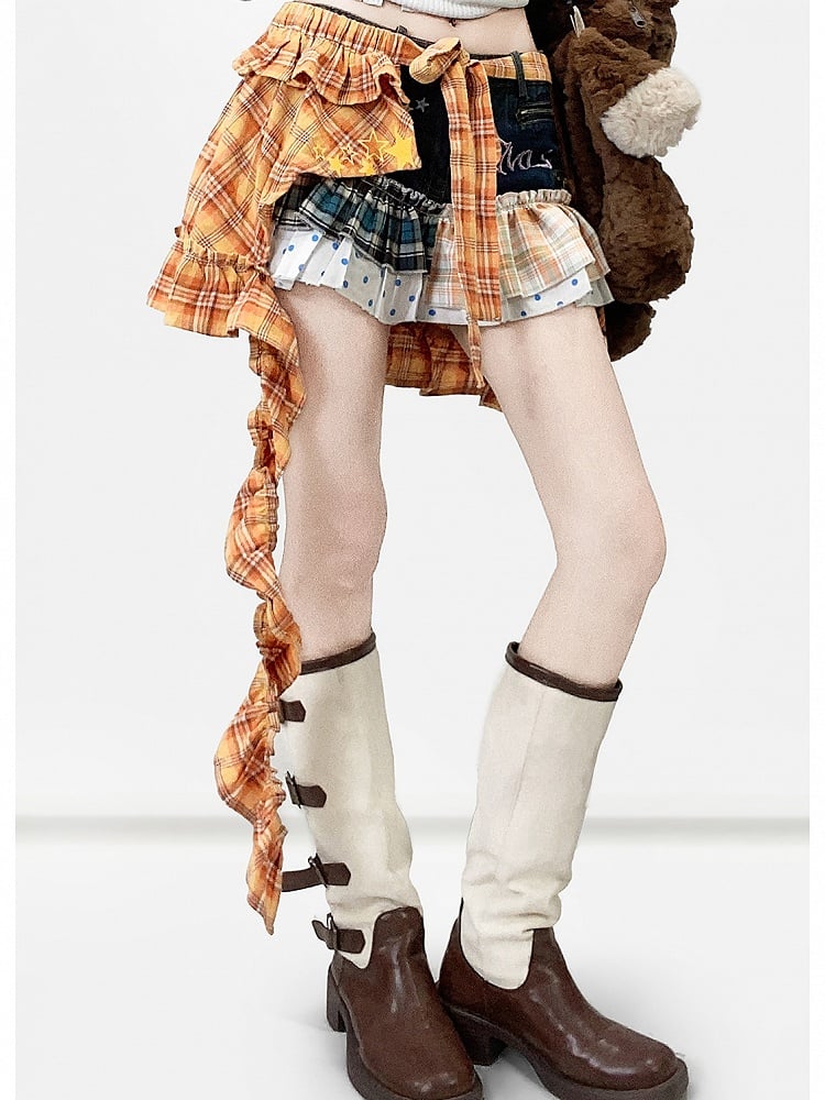 Plaid Y2K And + Pattern Orange Polka-dot Shorts Blue