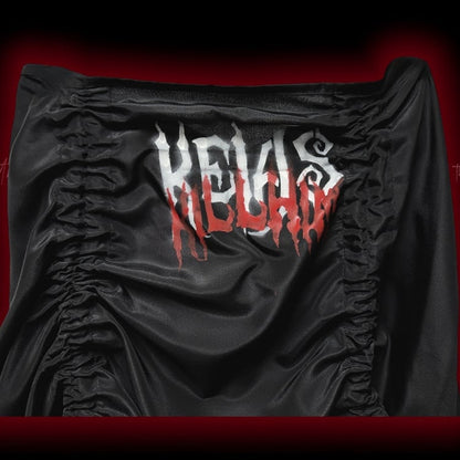 ゴシックなブラックレタープリントのルーシュハイローパンクスカート。クロスチャームウエストチェーン付き。