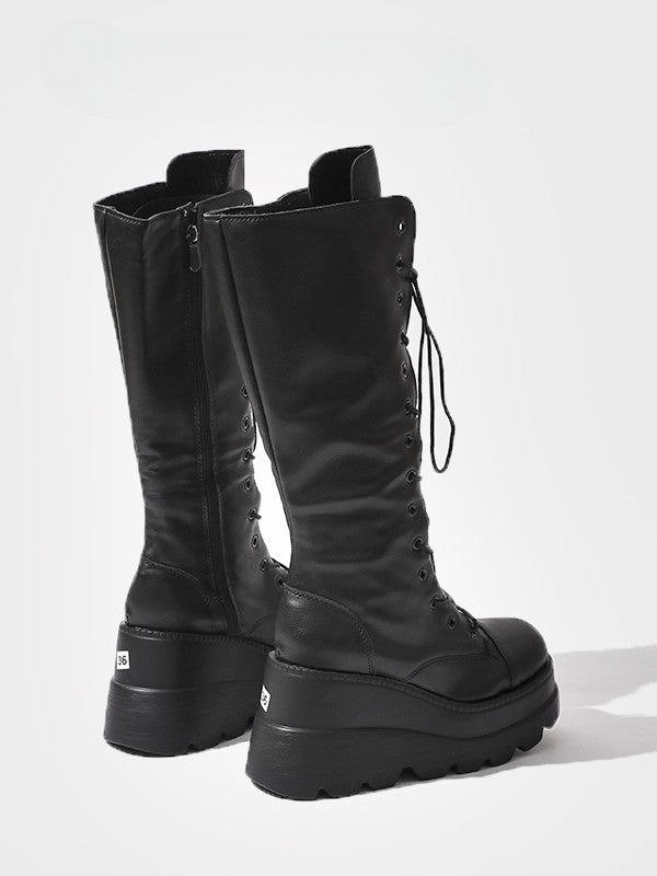 Fashion Side with - Knee-High Closure Gothic Design Dual System Platform Zip Black Lace-Up Boots in