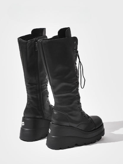 Fashion Side with - Knee-High Closure Gothic Design Dual System Platform Zip Black Lace-Up Boots in