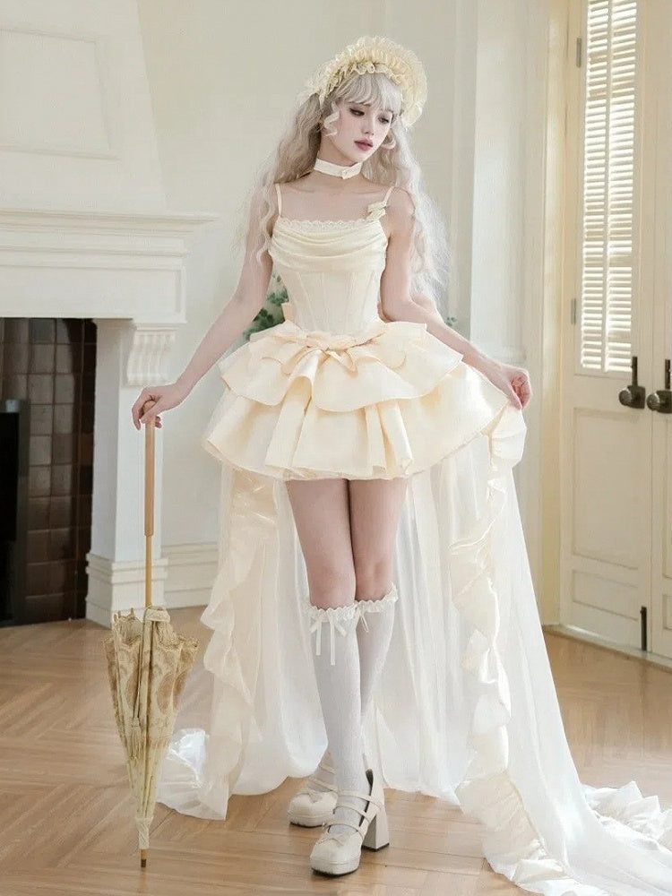 Kleid Lolita Beige Taille JSK Entbeint Wasserfallausschnitt Set Spaghettiträger Voll Elegant