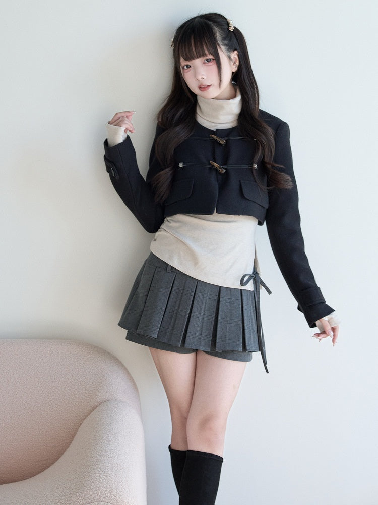 Toggle Jirai Closures Black Wool Cropped Blend with Kei Coat