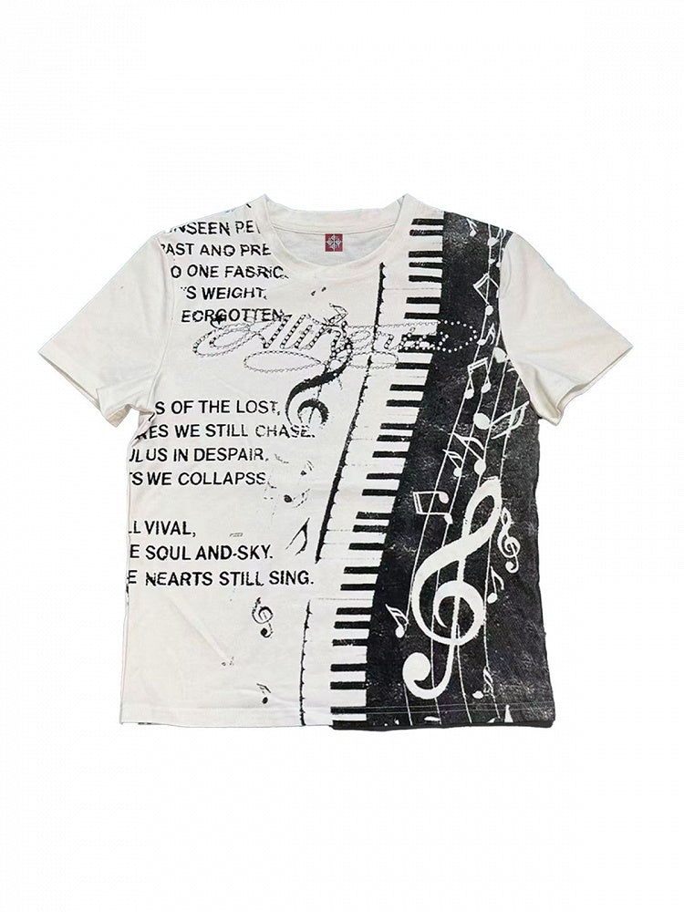 Unisex White & Black Letter Music Note Rhinestone T-Shirt