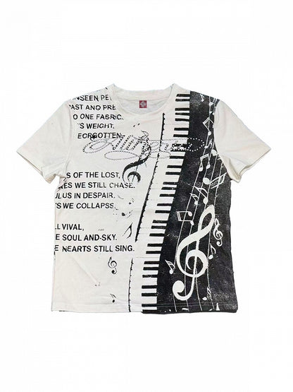 Unisex White & Black Letter Music Note Rhinestone T-Shirt