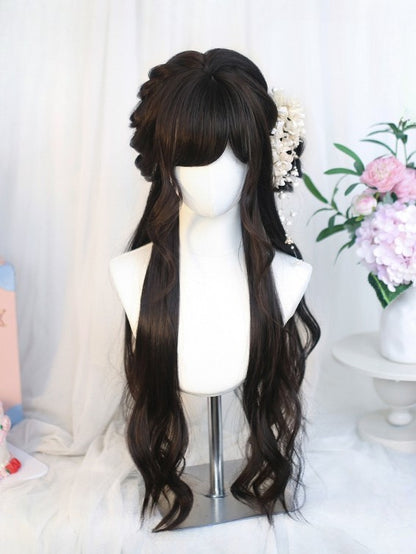 Black 65-70CM Tea Bangs With Side-swept Wig Length Wavy