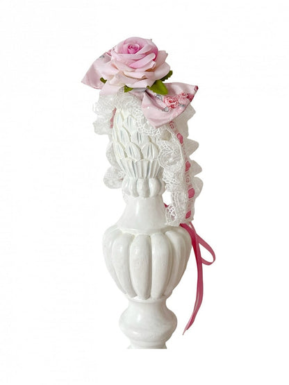 ピンク/グリーンのローズと蝶結びのチョーカー