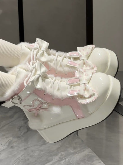 Theme Heart White Lining Buckle Bunny - Ankle Plush Boots Lolita Platform with Sweet
