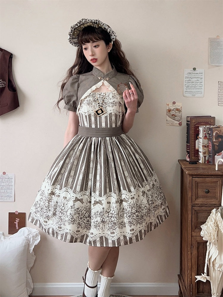 Print Skirt Version Jumper Clock Classic Brown Floral and Short Lolita