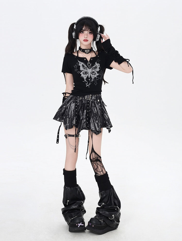 バタフライプリントホルターネックTシャツアームウェア（ブラック/ホワイト）