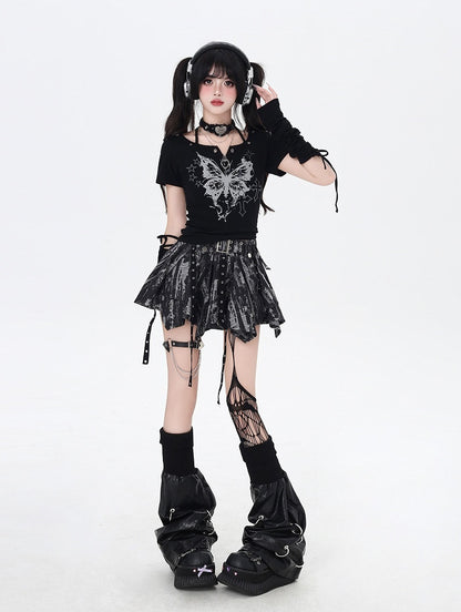 バタフライプリントホルターネックTシャツアームウェア（ブラック/ホワイト）