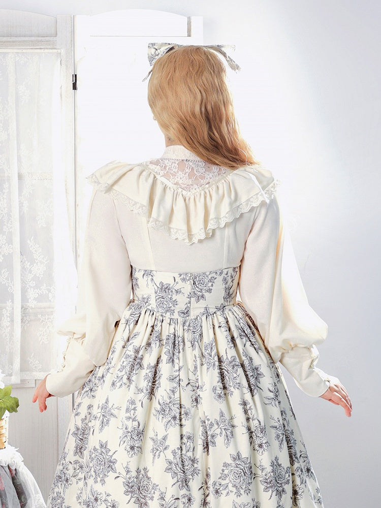 Beige Edward Neck Lolita Blouse with Bead-Accented Cuffs