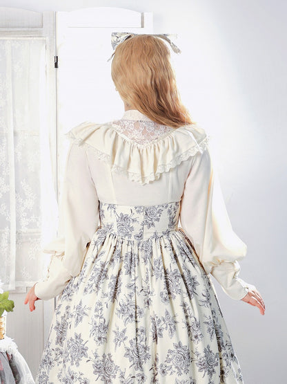 Beige Edward Neck Lolita Blouse with Bead-Accented Cuffs