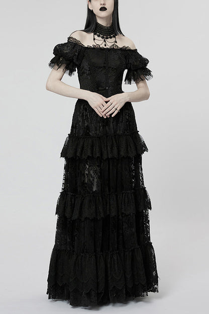 Short Puff Sleeves Print Ruffle Lace Women's Gothic Dress