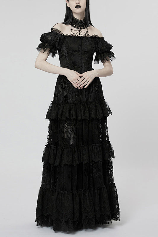 Short Puff Sleeves Print Ruffle Lace Women's Gothic Dress