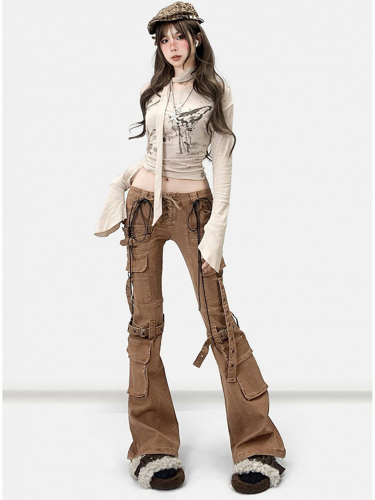 Wasteland Silhouette Flare Schnürjeans Punk Detail Braun Kaffee
