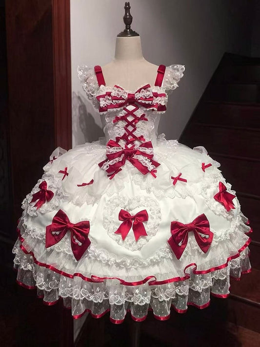 White Princess Lace Bow Doll-Style Sweet JSK Details Red with Lolita Dress